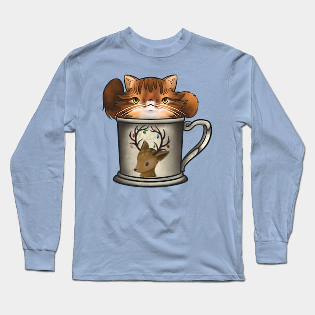 Fluffy Orange Tabby in a Reindeer Holiday Mug for Christmas Long Sleeve T-Shirt by SamInJapan